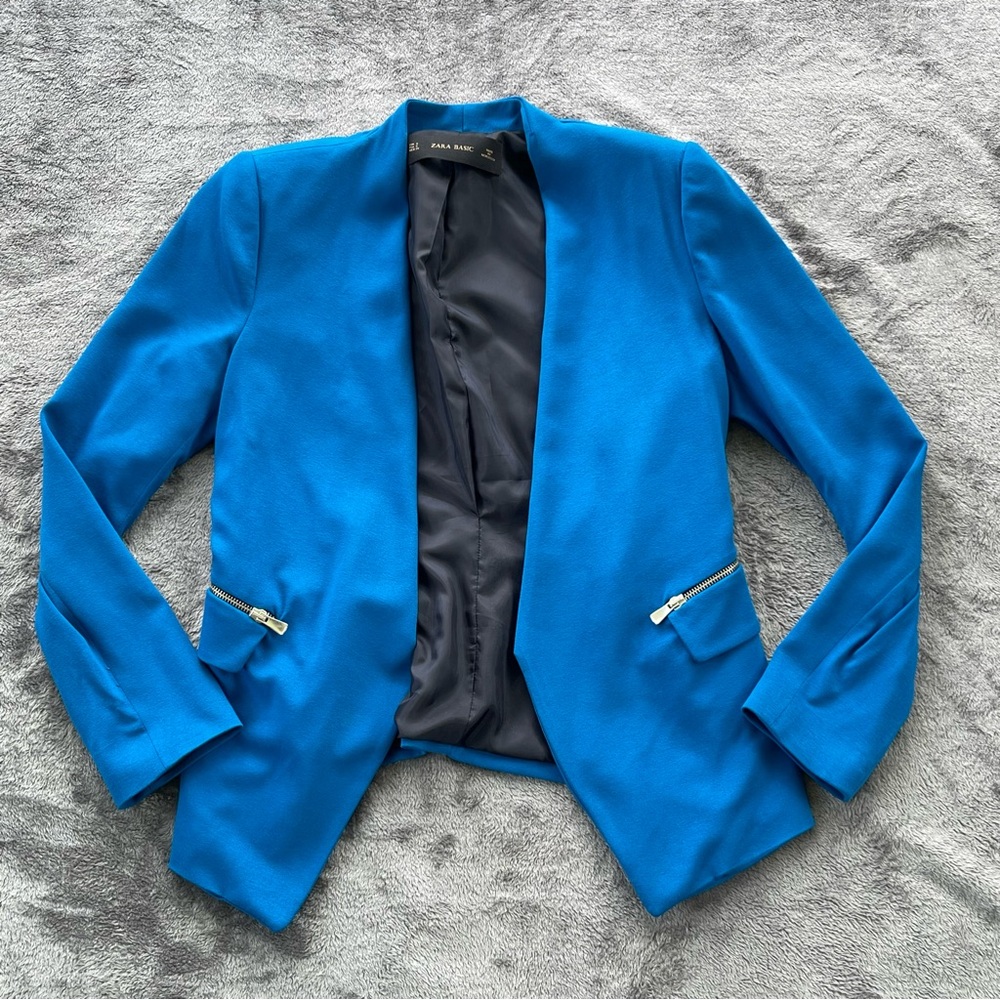 Zara Vibrant Blue Blazer with Zipper Accents